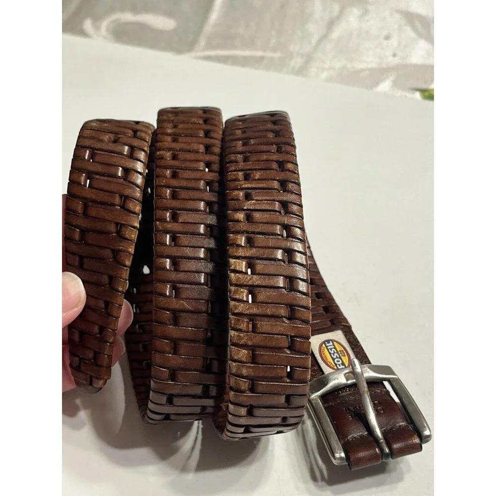 Fossil Leather Woven Wrapped Edge Brown SilverTone Buckle  Sz 36